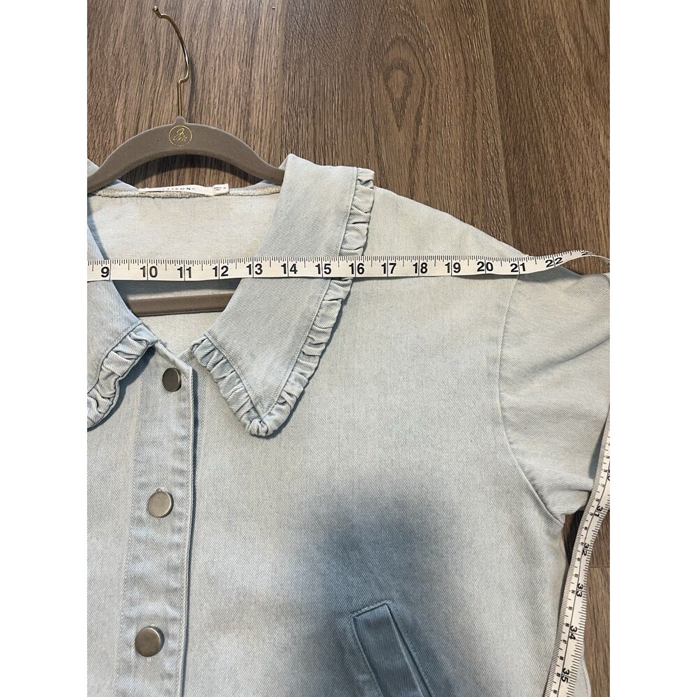 Ellison Oversized Crop Light Wash Denim Jacket Peter Pan Big Ruffle Collar Sz S - Picture 10 of 14